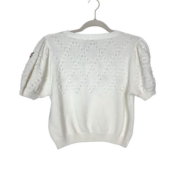 NWT Oat New York Sweater Small White Floral rosette Short Sleeve Cropped Knit To - Picture 4 of 12